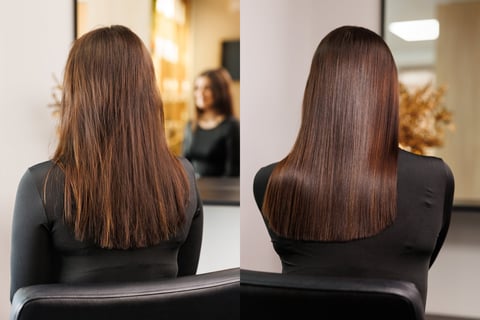 Before and after keratin hair straightening treatment showing shiny healthy brown hair