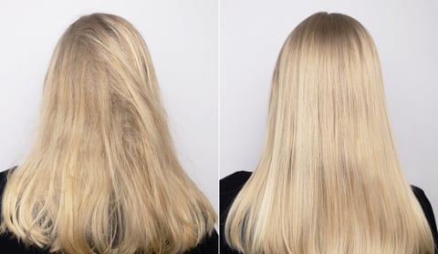 Before and after hair treatment showing smooth shiny hair after professional care