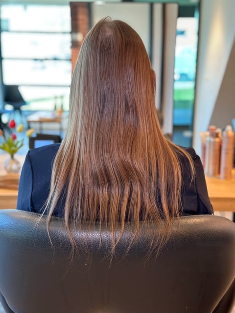 Vrouw met lang steil auburn haar gezien van achteren, zittend in een salonstoel met productflessen op de achtergrond