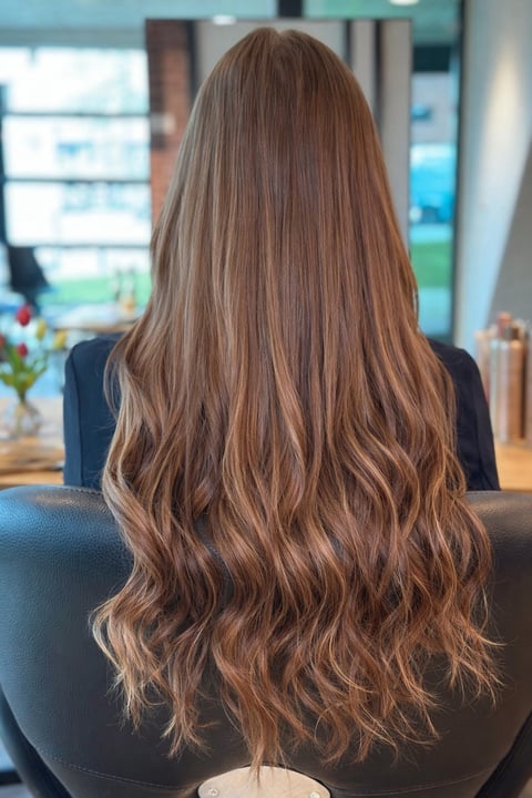 Achteraanzicht van een vrouw met lang bruin golvend haar met highlights, zittend in een kantooromgeving