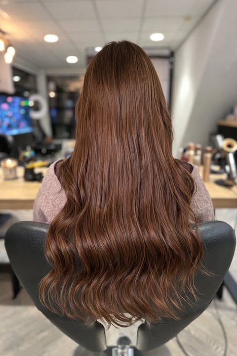 Vrouw met lang golvend kastanjebruin haar in salonstoel