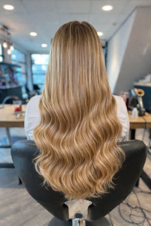 Vrouw met lang blond golvend haar in salon, zijaanzicht