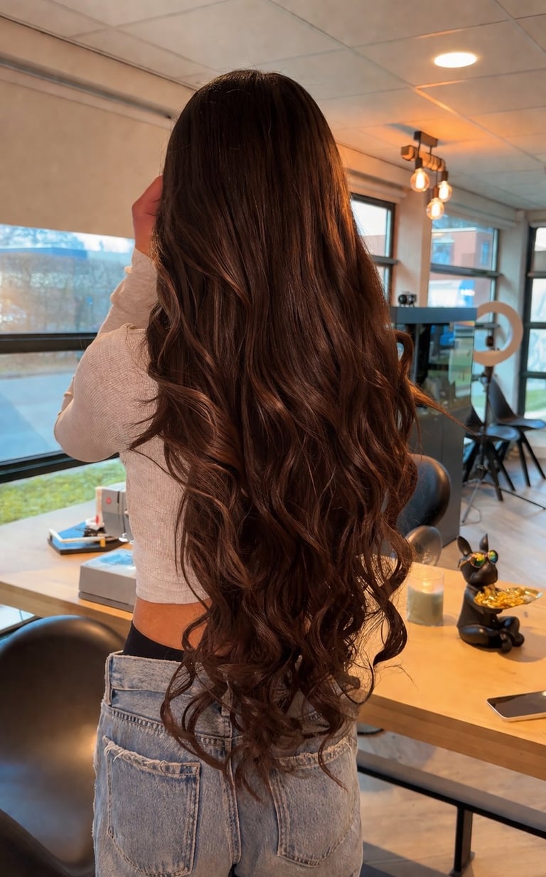Vrouw met lang donker golvend haar gezien van achteren, zittend aan een bureau in een modern kantoor met grote ramen en natuurlijk licht