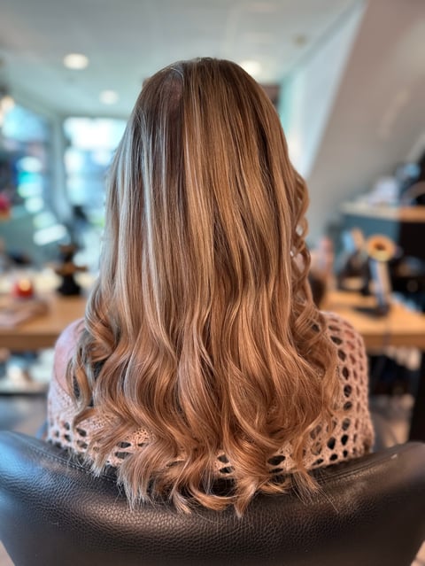 Achteraanzicht van vrouw met lang golvend karamelkleurig haar in salon