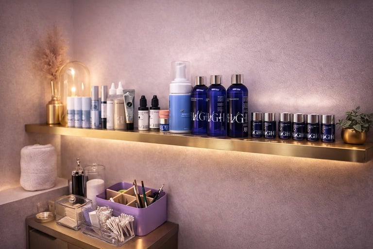 Illuminated bathroom shelf displaying skincare and beauty products with warm ambient lighting and organized storage containers below