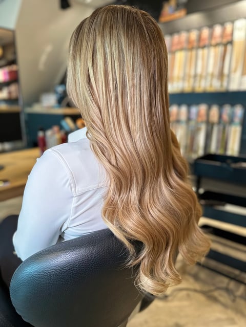 Vrouw met lang blond golvend haar in witte top, zijaanzicht