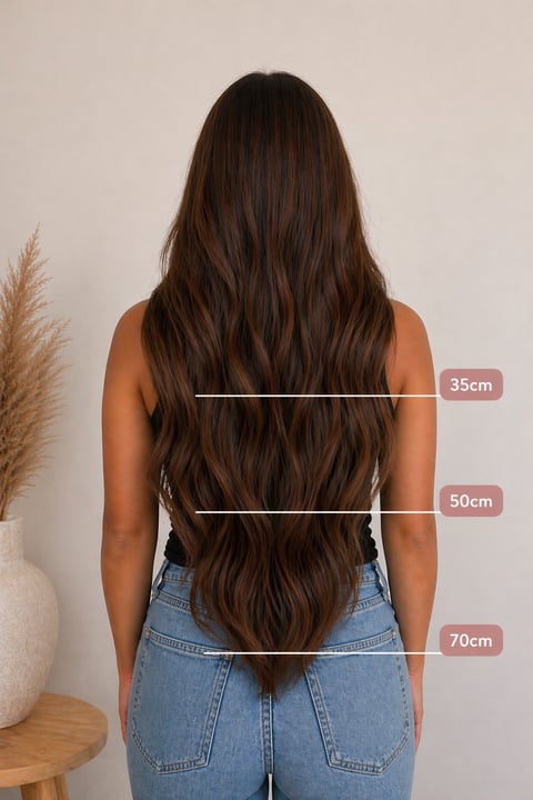 Back view of woman with long wavy dark brown hair showing length measurements