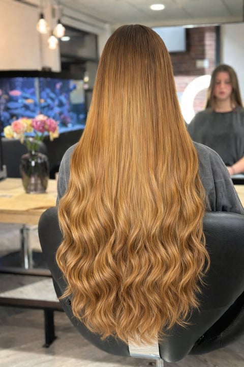 Vrouw met lang golvend caramelblond haar in moderne salon