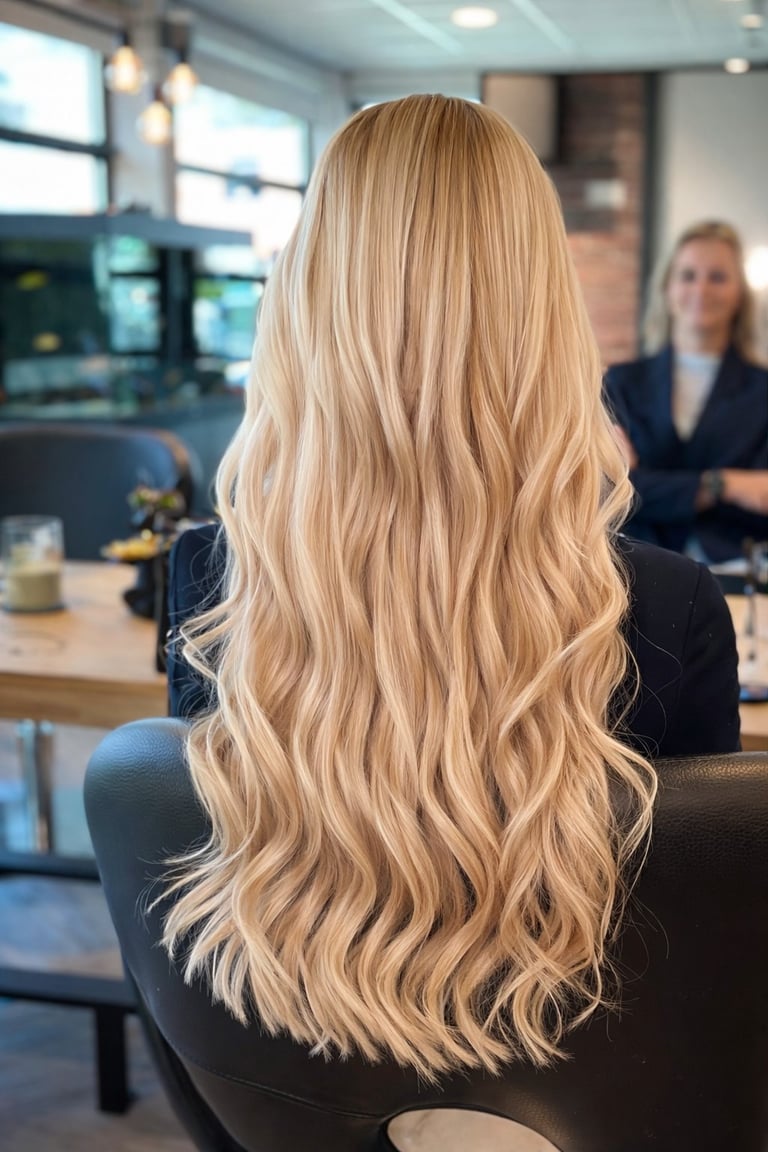 Vrouw met lang blond golvend haar zittend in kantoorstoel, gezien van achteren in moderne werkomgeving
